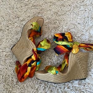 Luxury Rebel Regina Multicolor Printed Silk and Jute Scarf Ankle Wrap Wedge